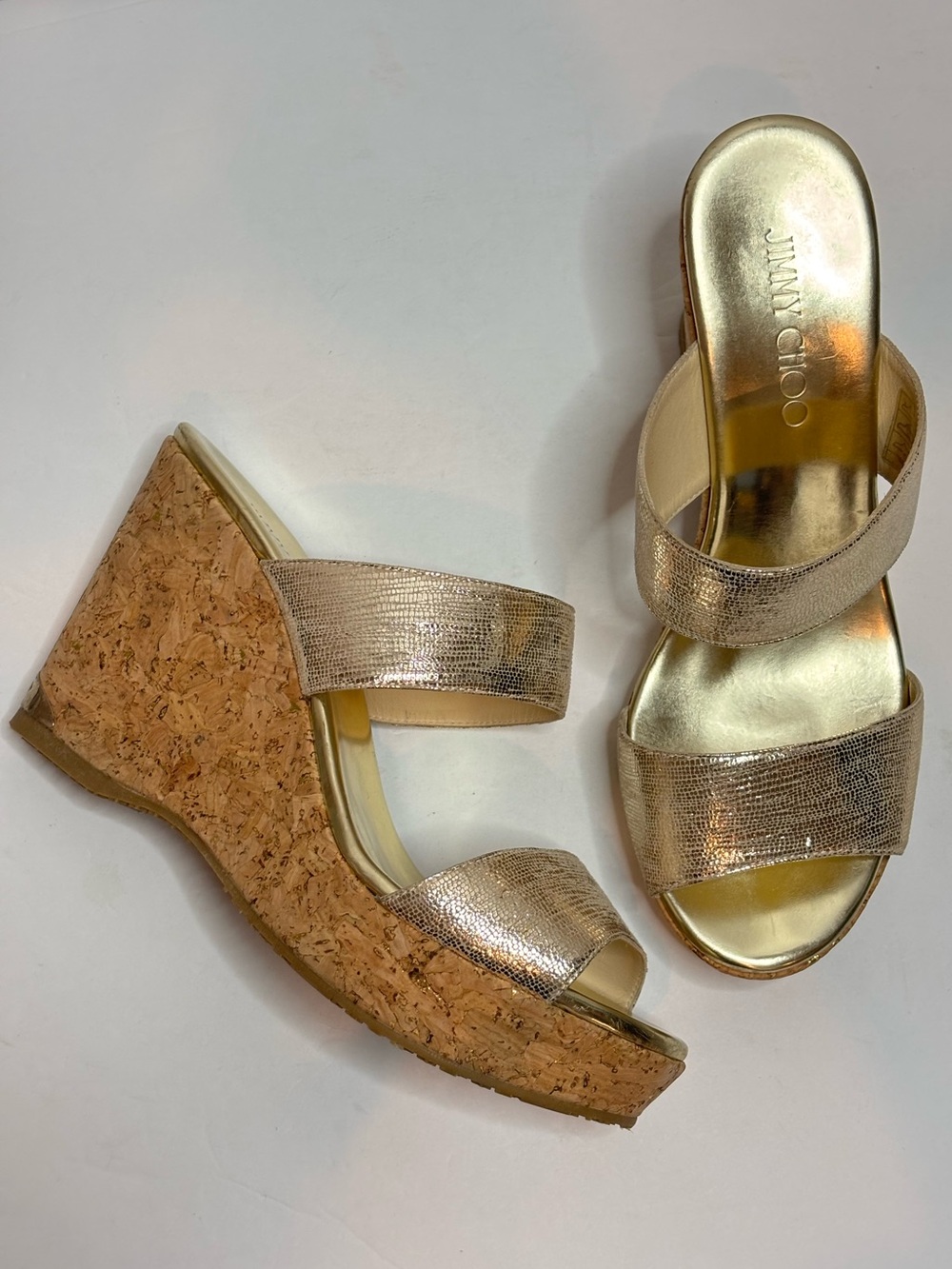 Jimmy Choo Parker Gold Cork Double Strap Platform Wedge Sandals 39/9